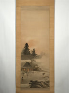 Japanese Hanging Scroll Vtg House Tree Man Monochrome Sansui Kakejiku SC897