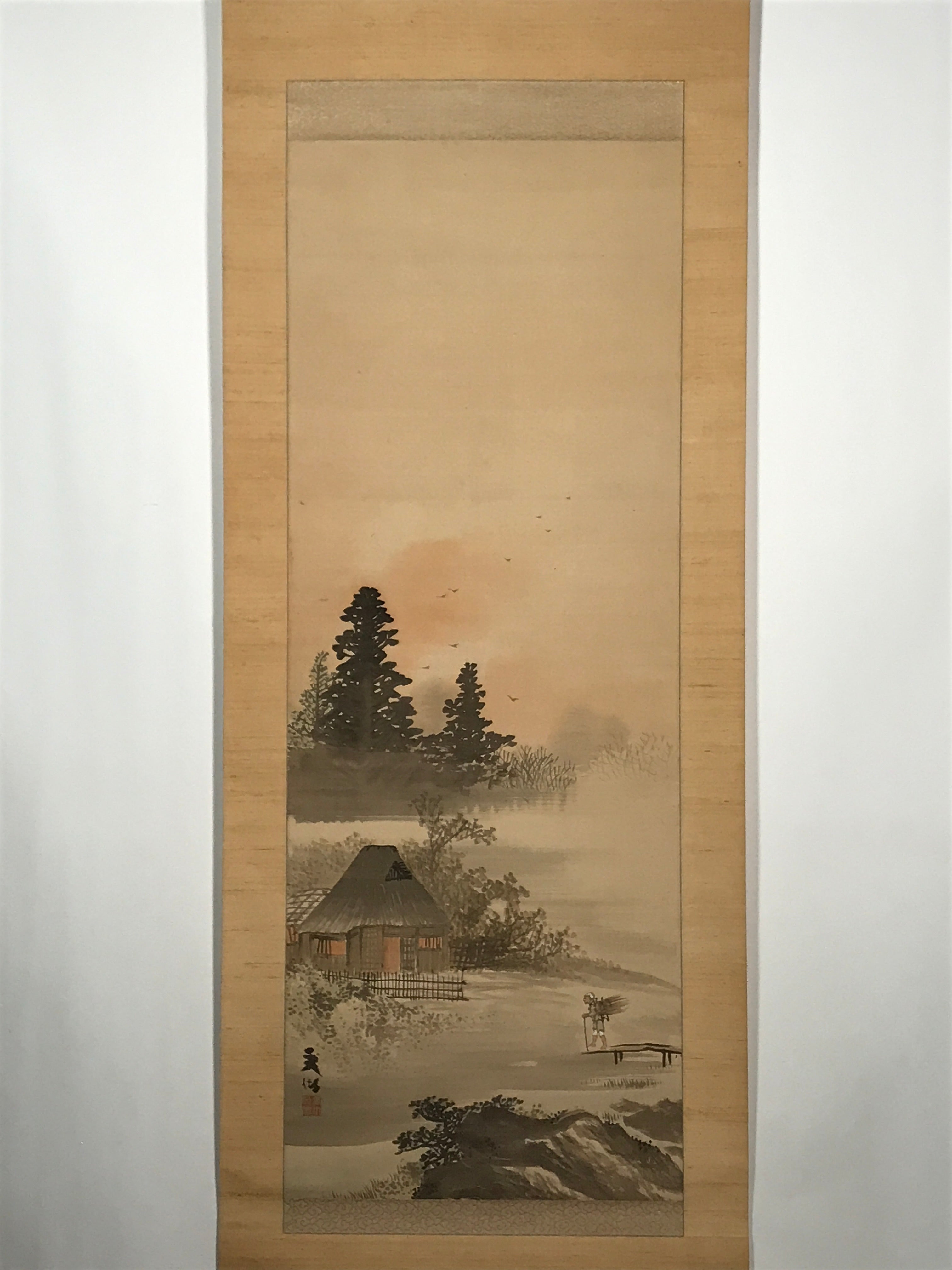 Japanese Hanging Scroll Vtg House Tree Man Monochrome Sansui Kakejiku SC897