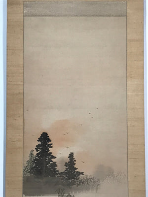 Japanese Hanging Scroll Vtg House Tree Man Monochrome Sansui Kakejiku SC897