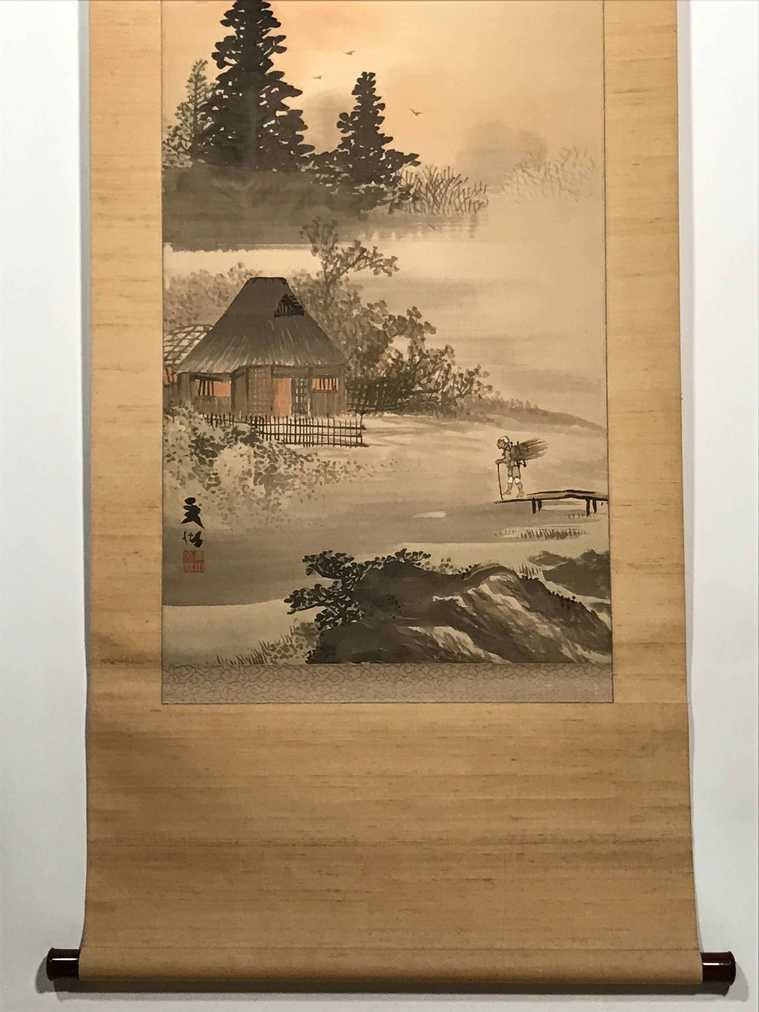 Japanese Hanging Scroll Vtg House Tree Man Monochrome Sansui Kakejiku SC897