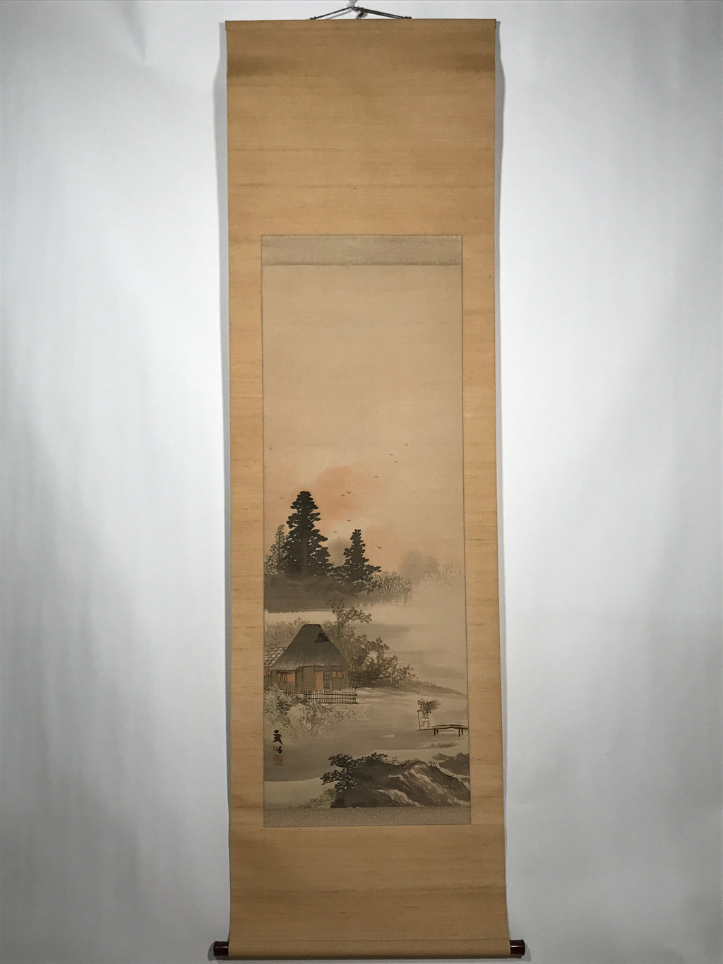 Japanese Hanging Scroll Vtg House Tree Man Monochrome Sansui Kakejiku SC897