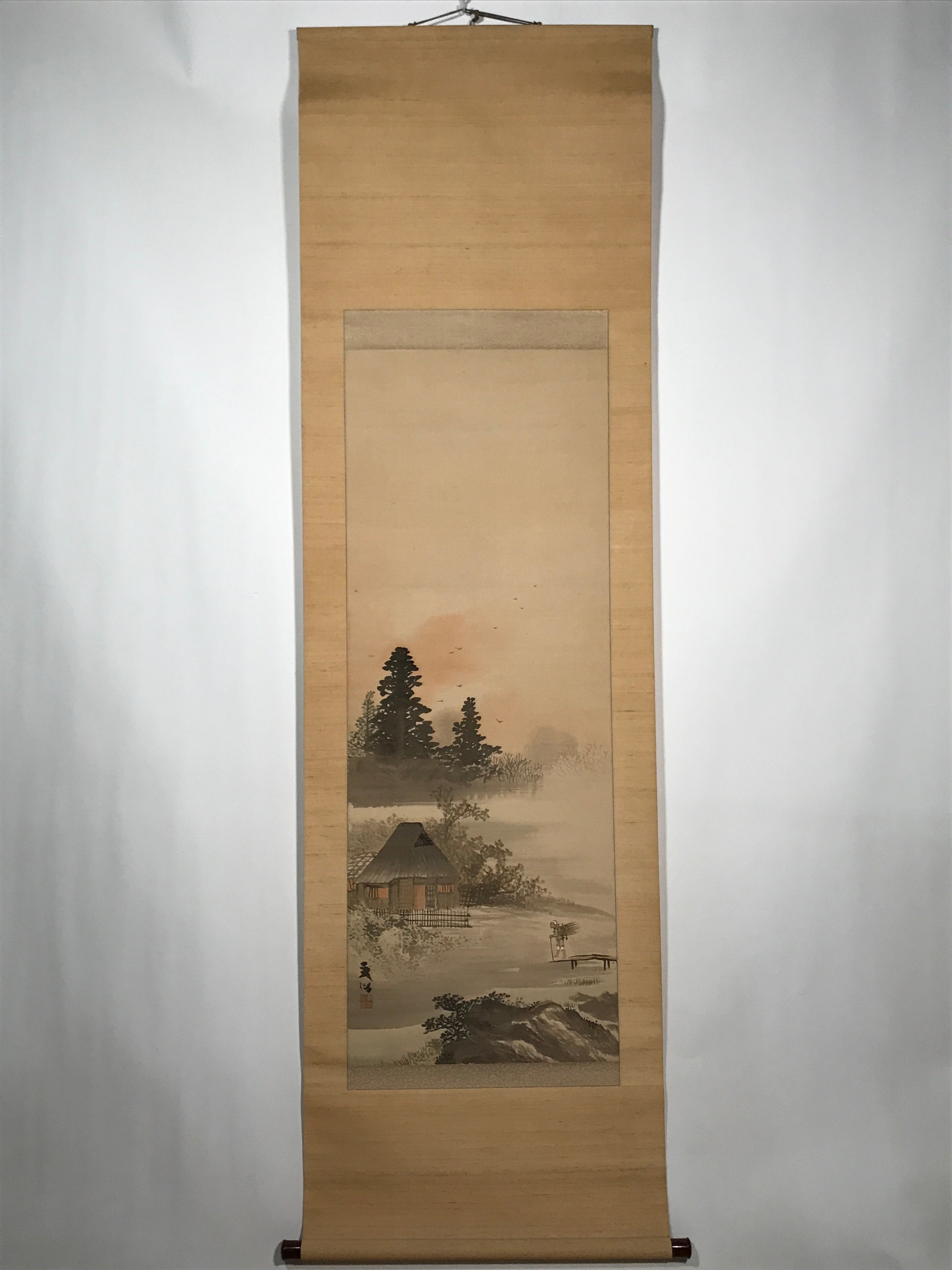Japanese Hanging Scroll Vtg House Tree Man Monochrome Sansui Kakejiku SC897