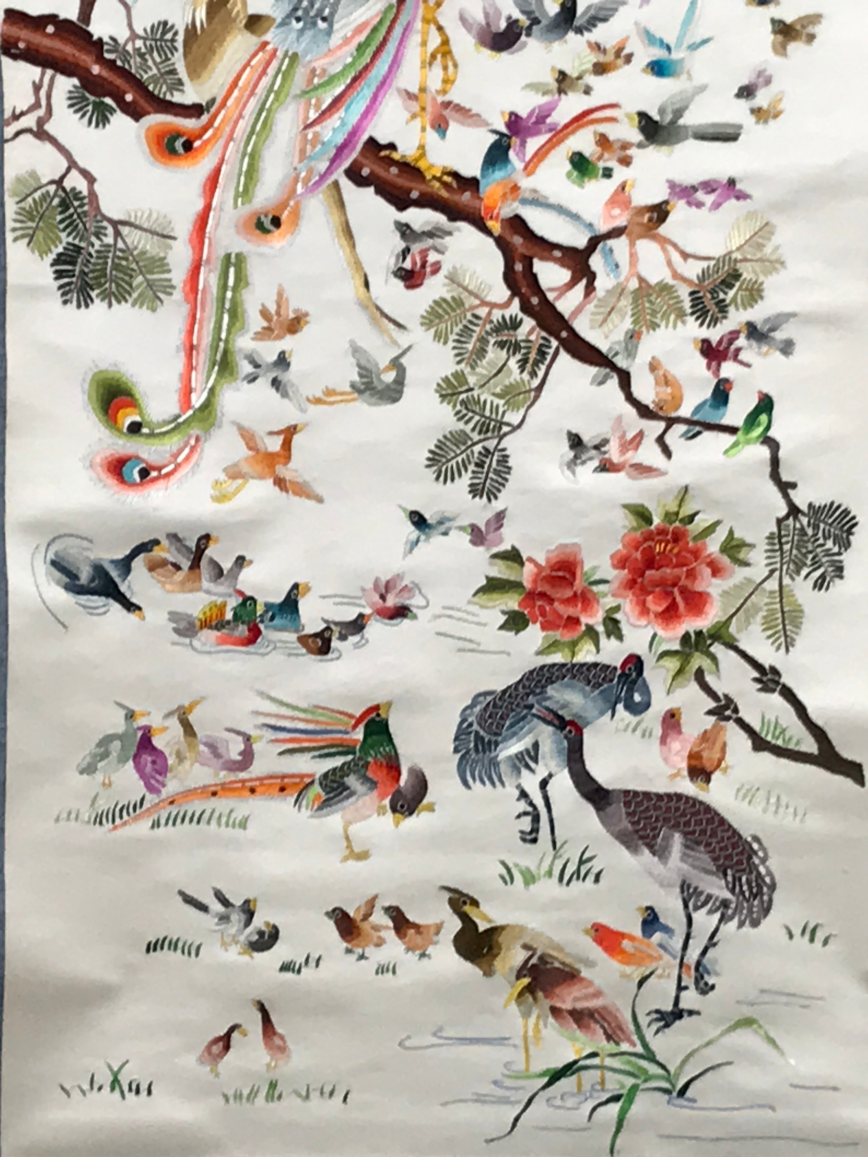 Japanese Hanging Scroll Vtg Hundred Birds Worshipping The Phoenix Kakejiku SC891