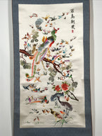 Japanese Hanging Scroll Vtg Hundred Birds Worshipping The Phoenix Kakejiku SC891