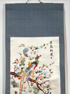 Japanese Hanging Scroll Vtg Hundred Birds Worshipping The Phoenix Kakejiku SC891