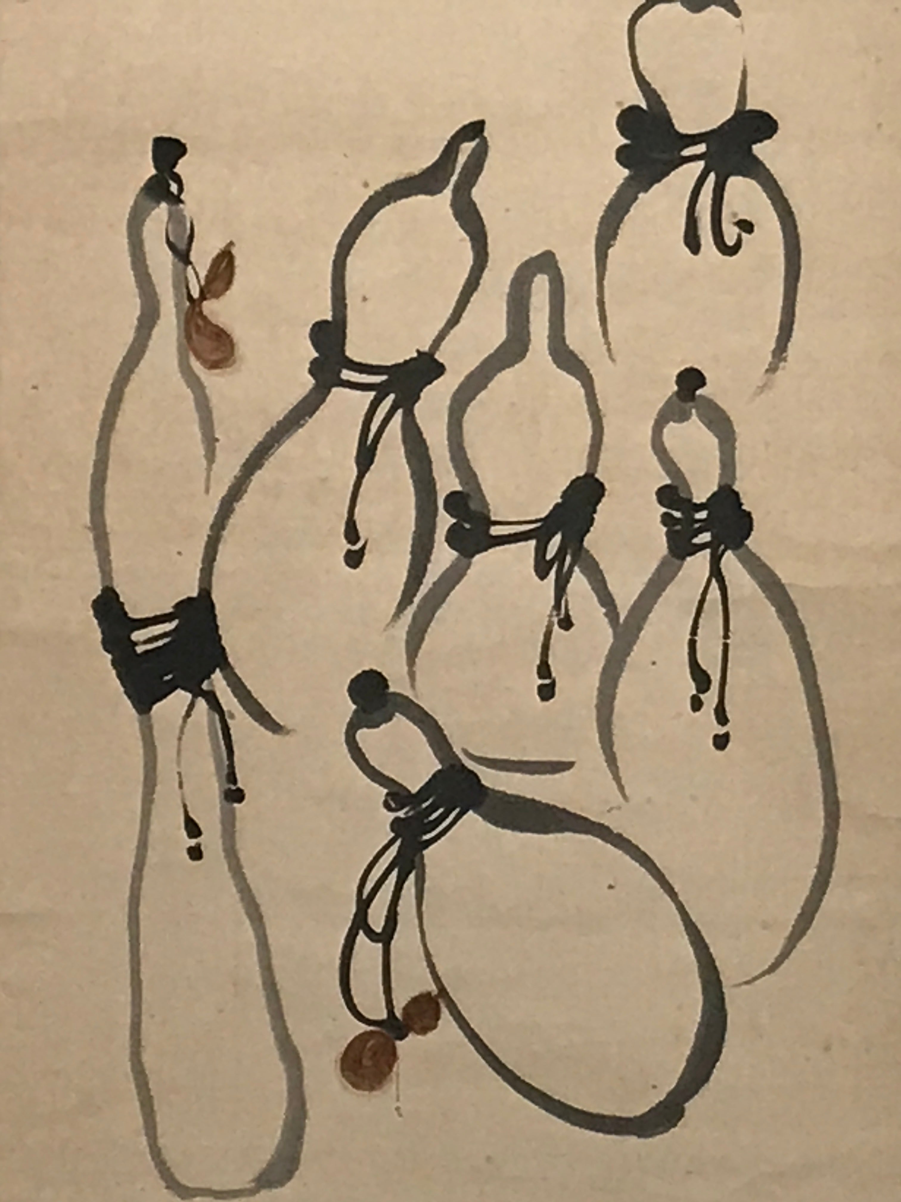 Japanese Hanging Scroll Vtg Hyotan Gourd Calligraphy Poem Kakejiku SC888