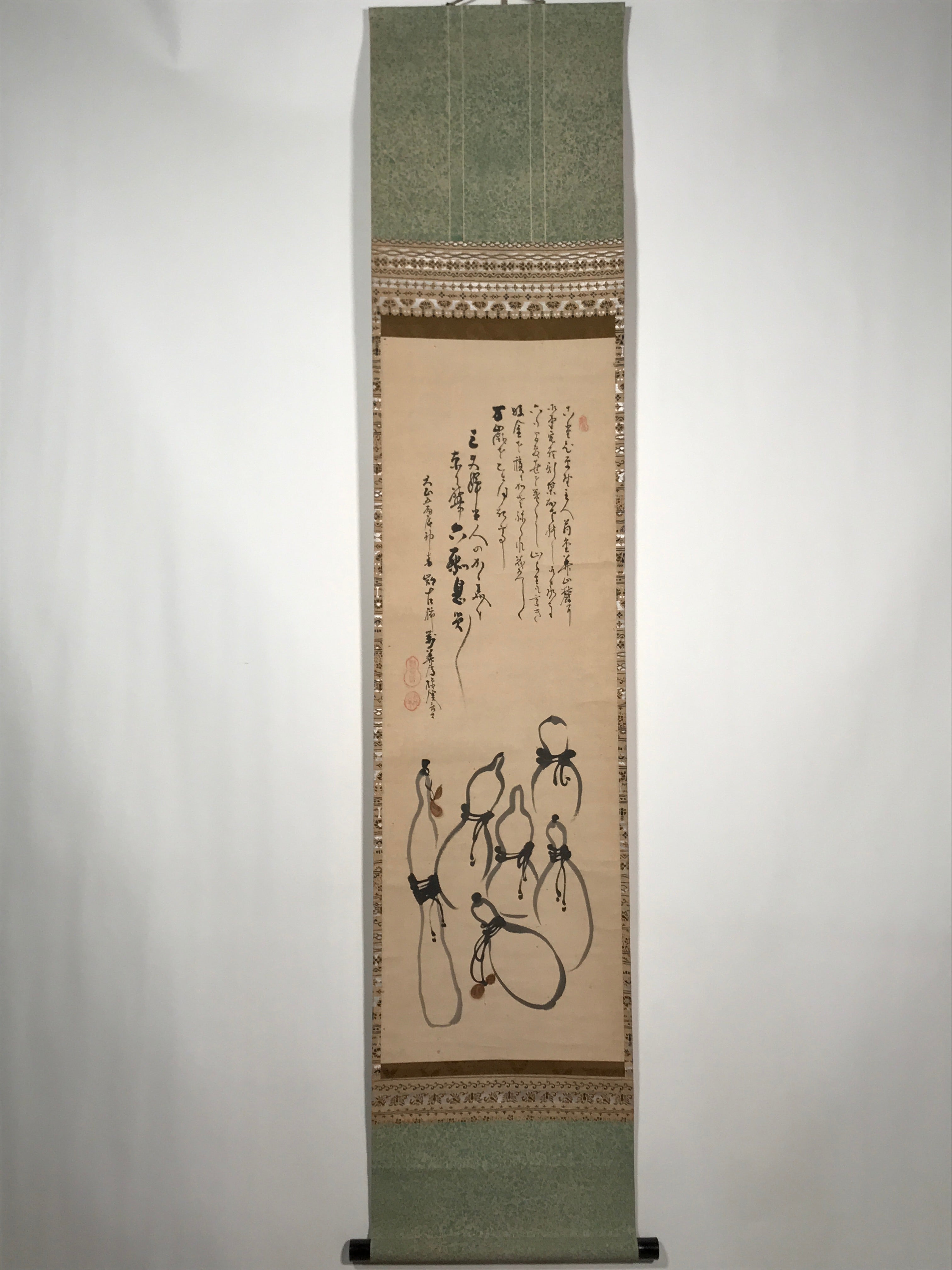 Japanese Hanging Scroll Vtg Hyotan Gourd Calligraphy Poem Kakejiku SC888
