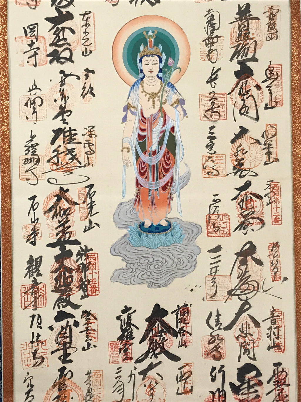 Japanese Hanging Scroll Vtg Kakejiku 33 Sacred Places Goshuin Buddhist KJ121