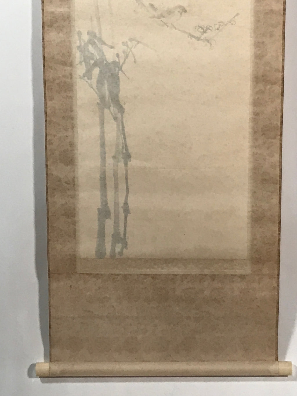 Japanese Hanging Scroll Vtg Kakejiku Bamboo Birds Calligraphy Kanji Color KJ75
