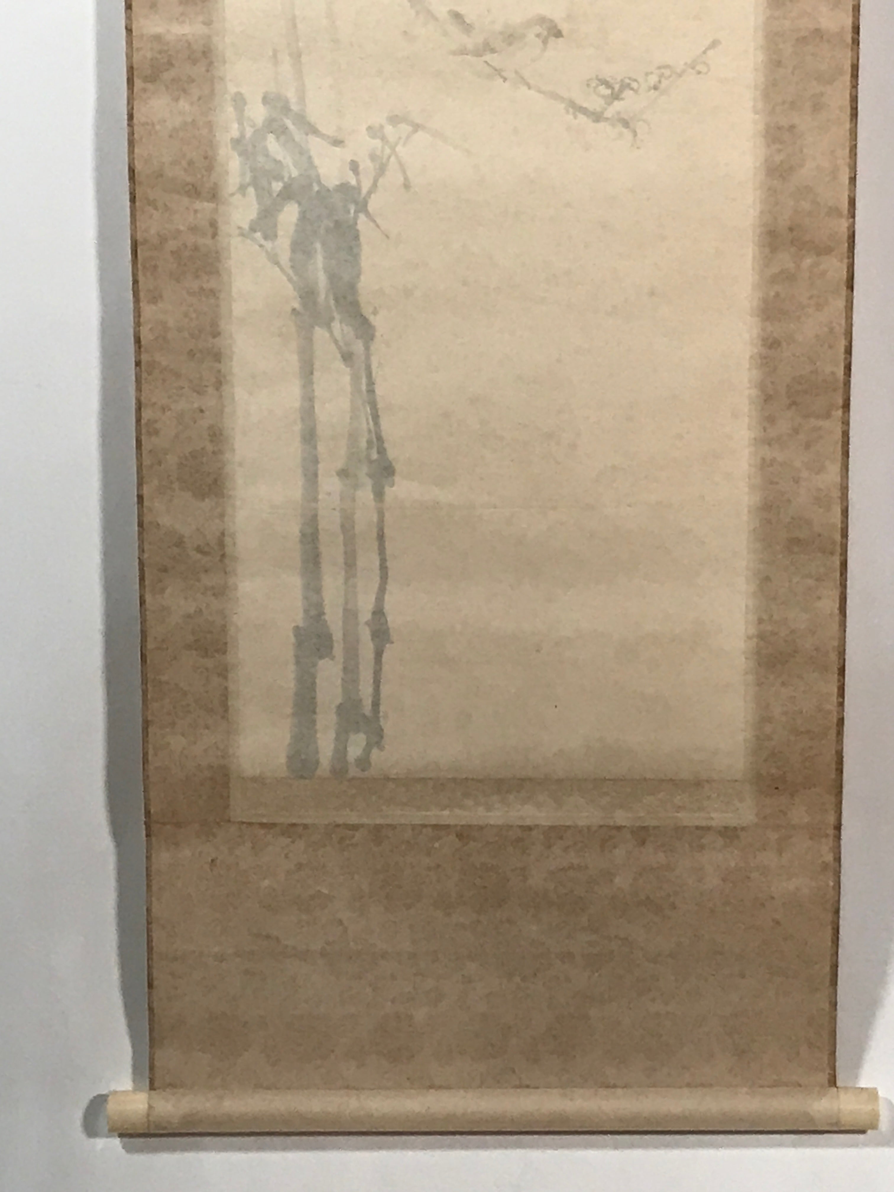 Japanese Hanging Scroll Vtg Kakejiku Bamboo Birds Calligraphy Kanji Color KJ75