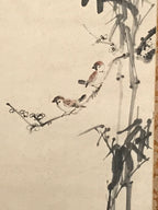 Japanese Hanging Scroll Vtg Kakejiku Bamboo Birds Calligraphy Kanji Color KJ75