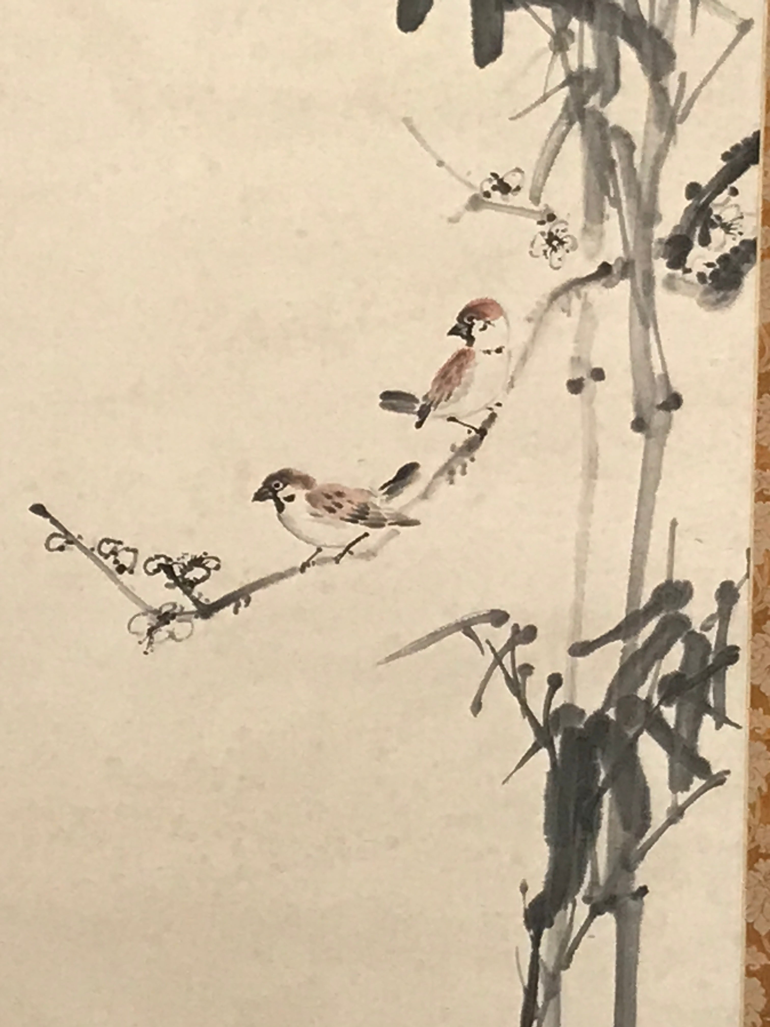 Japanese Hanging Scroll Vtg Kakejiku Bamboo Birds Calligraphy Kanji Color KJ75