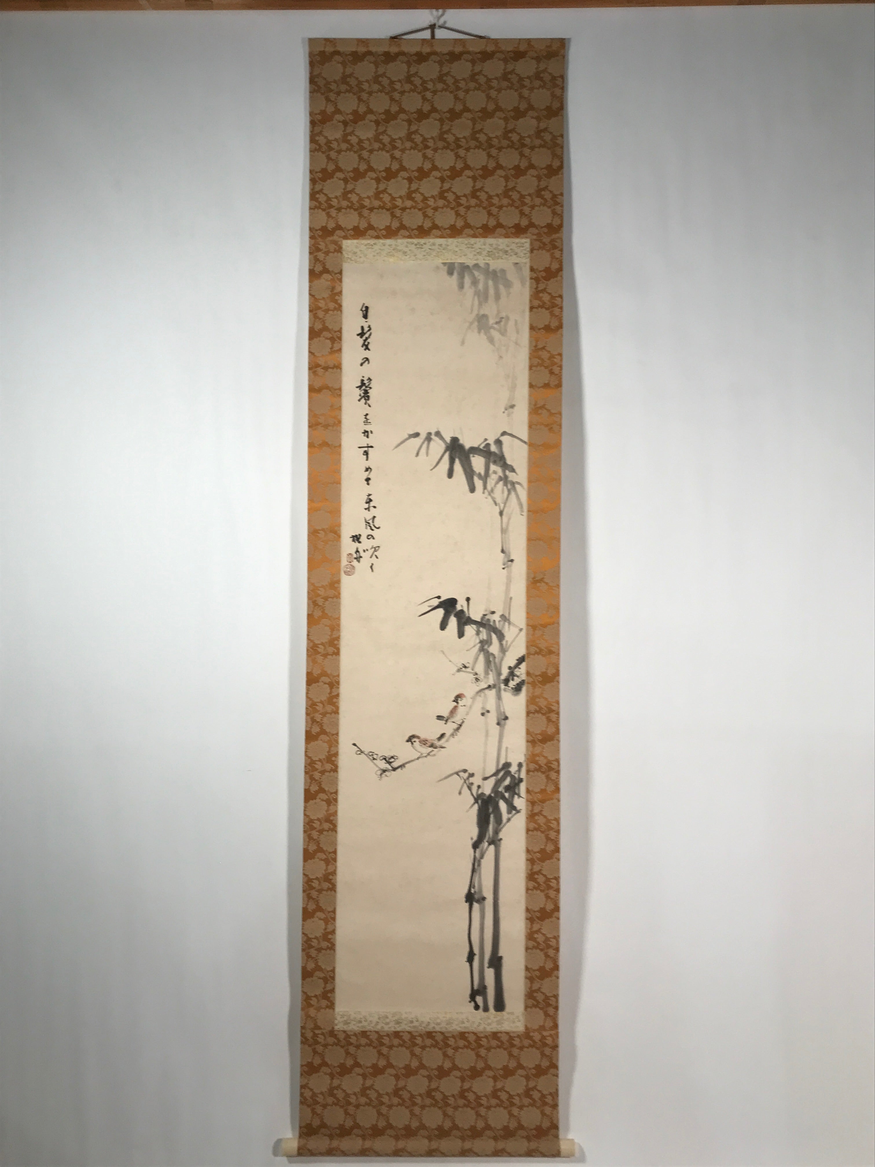 Japanese Hanging Scroll Vtg Kakejiku Bamboo Birds Calligraphy Kanji Color KJ75