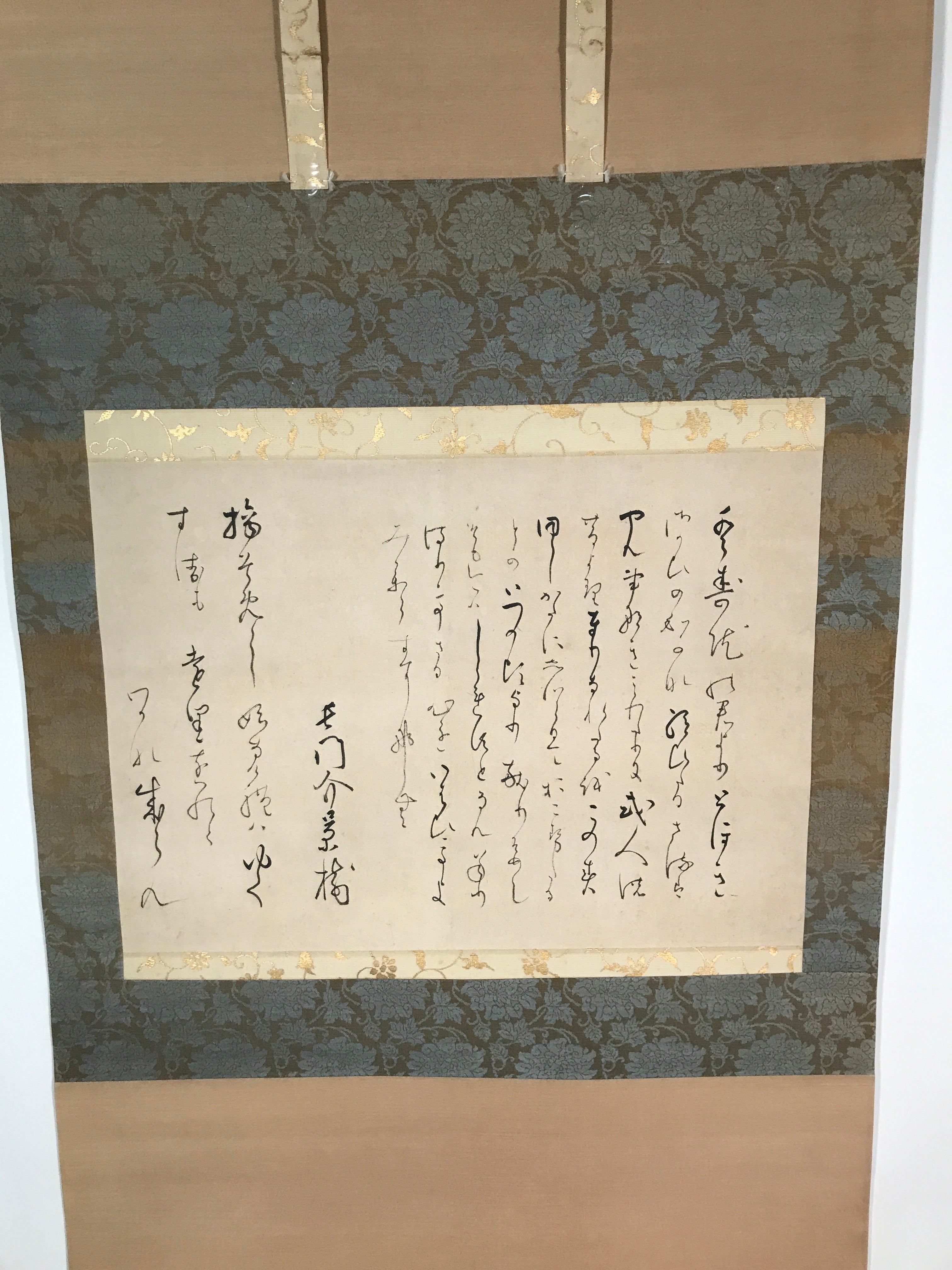 Japanese Hanging Scroll Vtg Kakejiku Calligraphy Text Cursive Script Floral KJ54