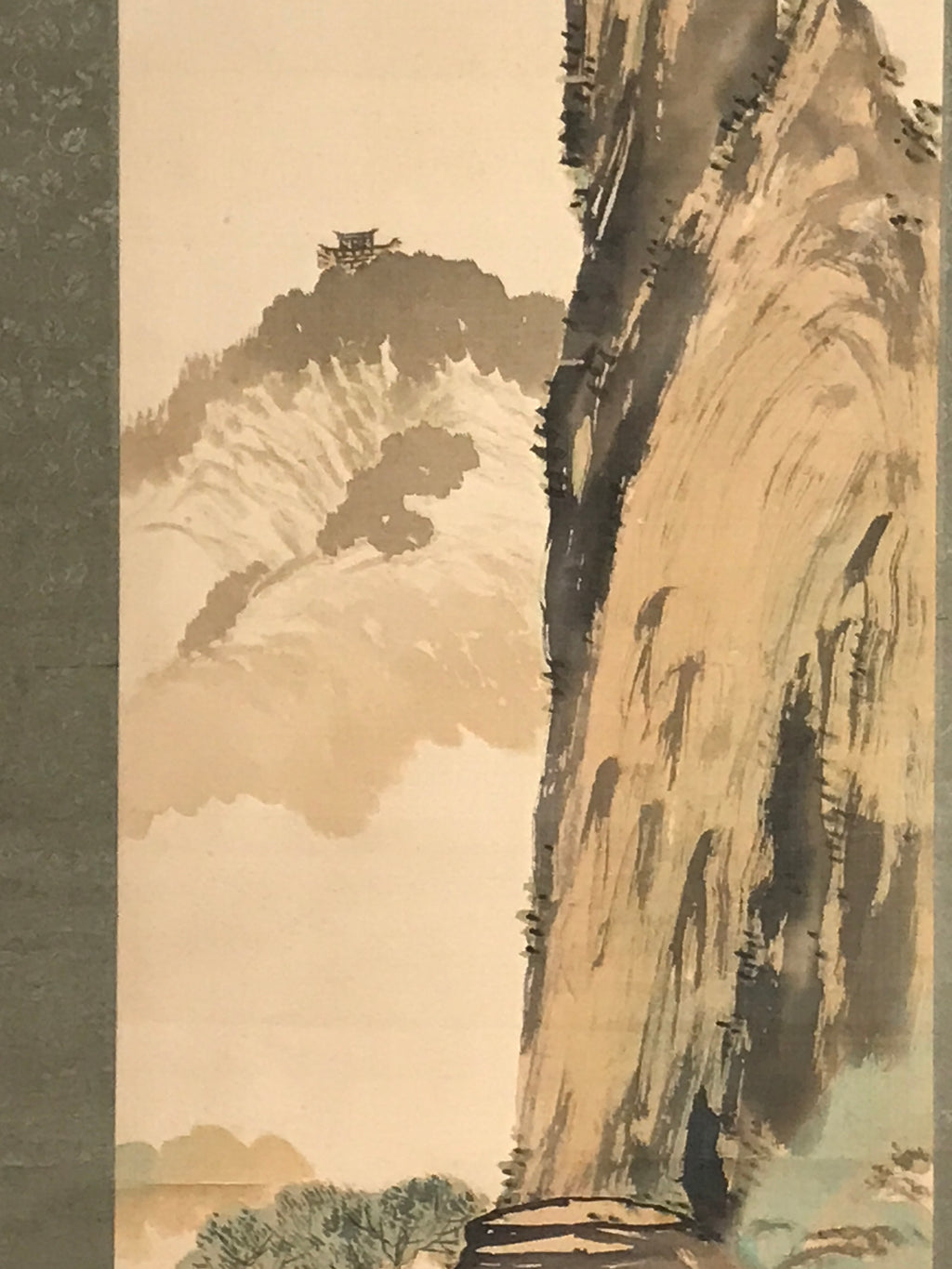 Japanese Hanging Scroll Vtg Kakejiku Cliff Pine Tree Landscape Ink Color KJ73