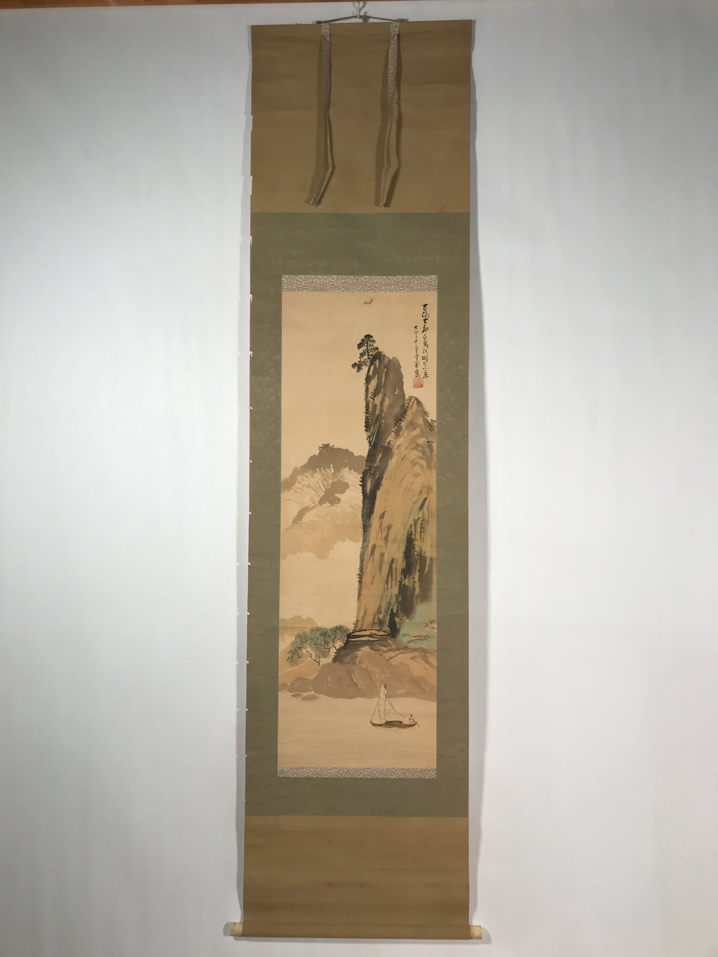 Japanese Hanging Scroll Vtg Kakejiku Cliff Pine Tree Landscape Ink Color KJ73