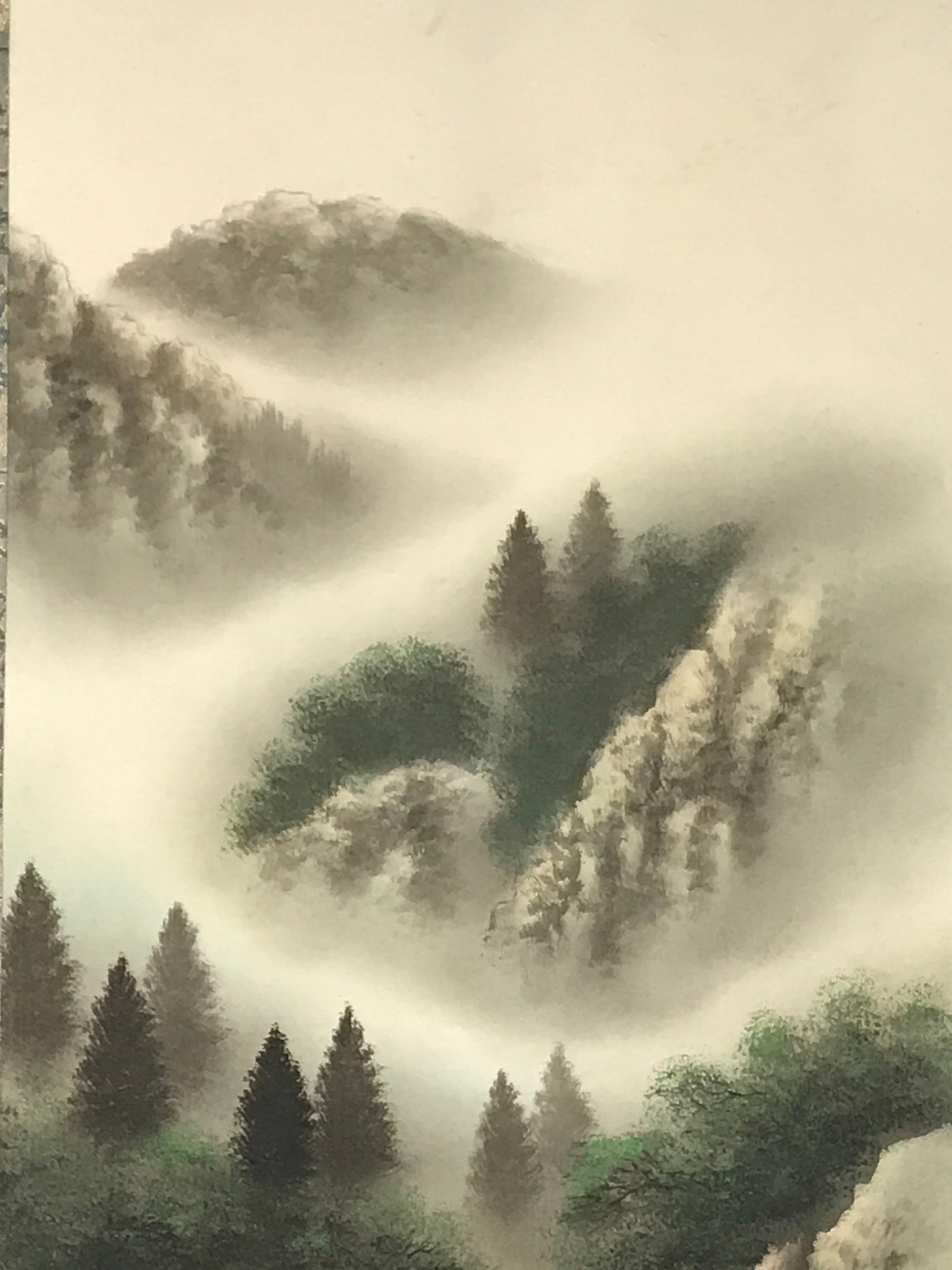 Japanese Hanging Scroll Vtg Kakejiku Fog Mountain River Landscape Ink KJ105