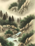 Japanese Hanging Scroll Vtg Kakejiku Fog Mountain River Landscape Ink KJ105