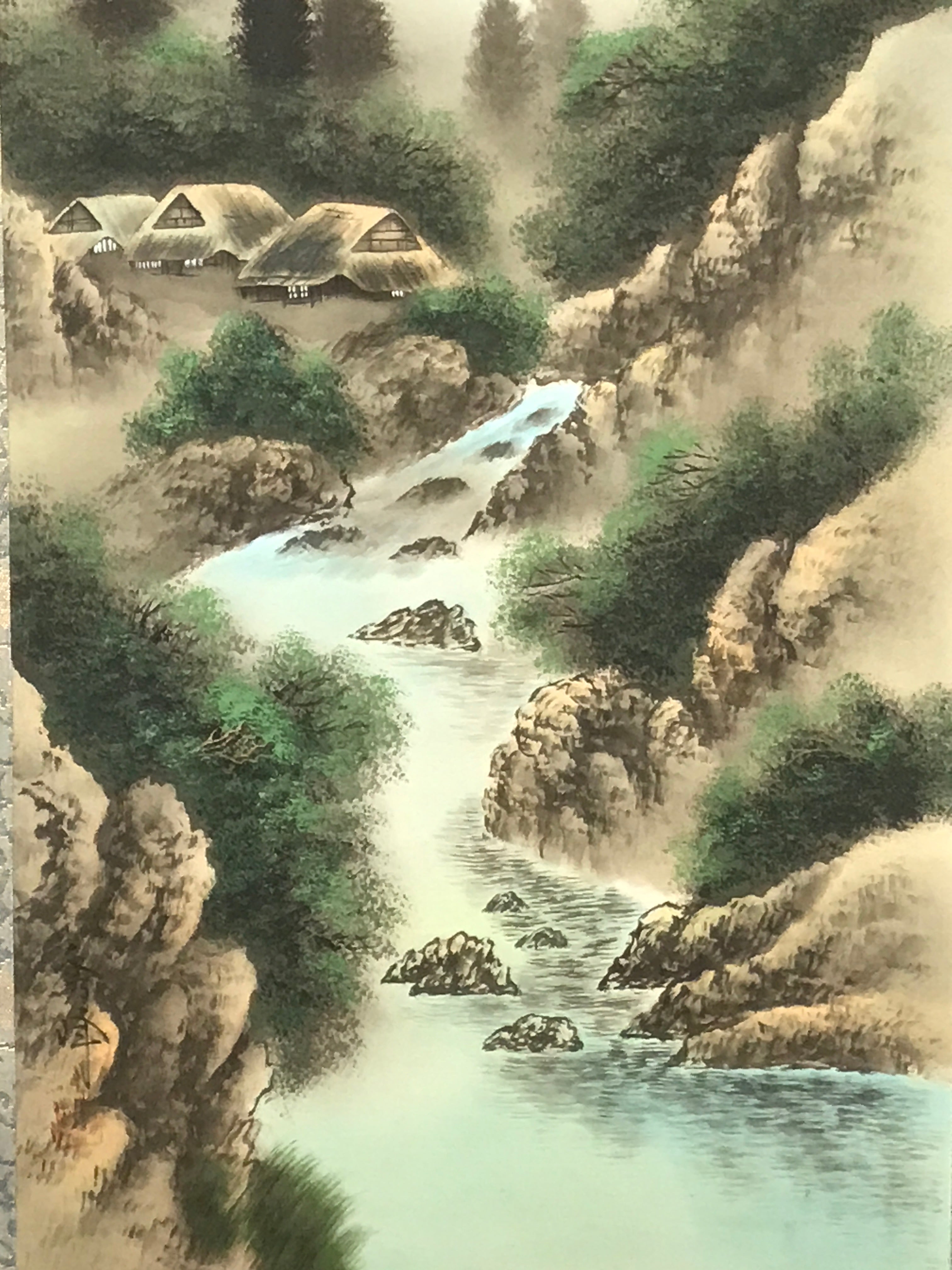 Japanese Hanging Scroll Vtg Kakejiku Fog Mountain River Landscape Ink KJ105