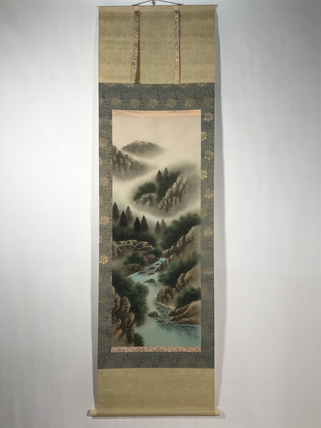 Japanese Hanging Scroll Vtg Kakejiku Fog Mountain River Landscape Ink KJ105