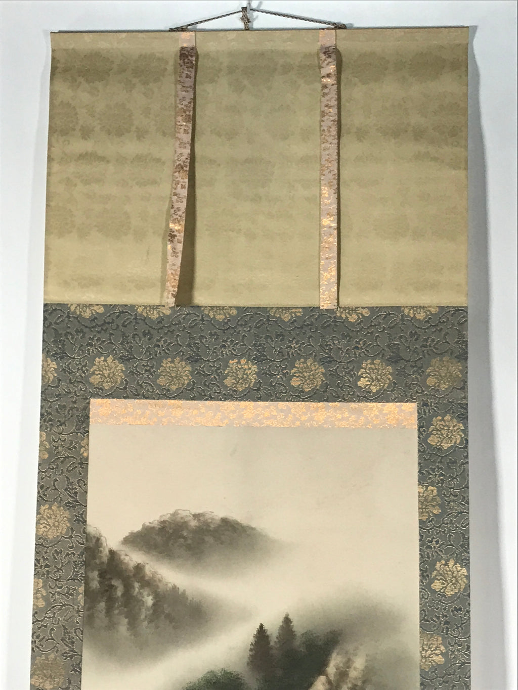Japanese Hanging Scroll Vtg Kakejiku Fog Mountain River Landscape Ink KJ105