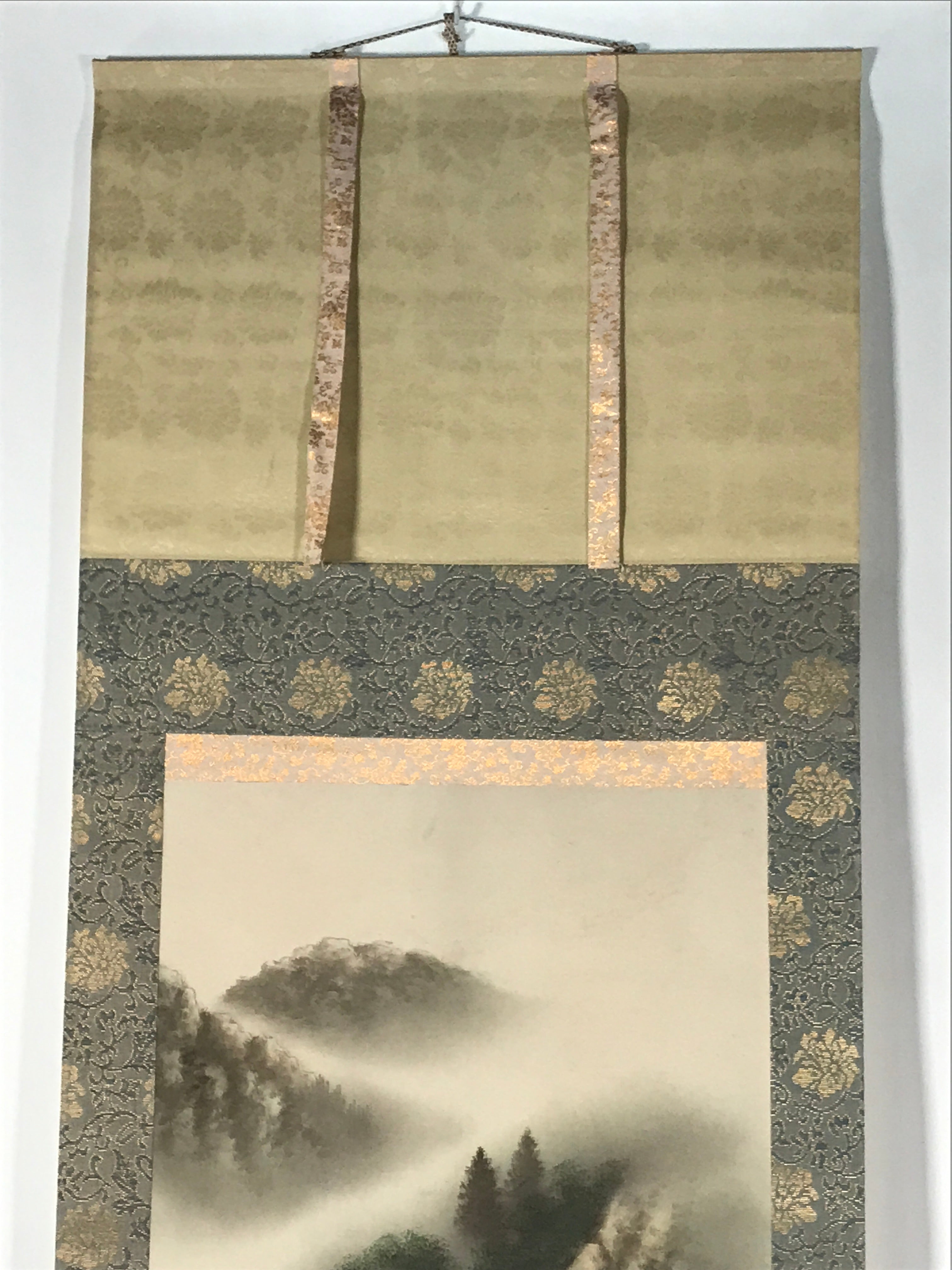 Japanese Hanging Scroll Vtg Kakejiku Fog Mountain River Landscape Ink KJ105