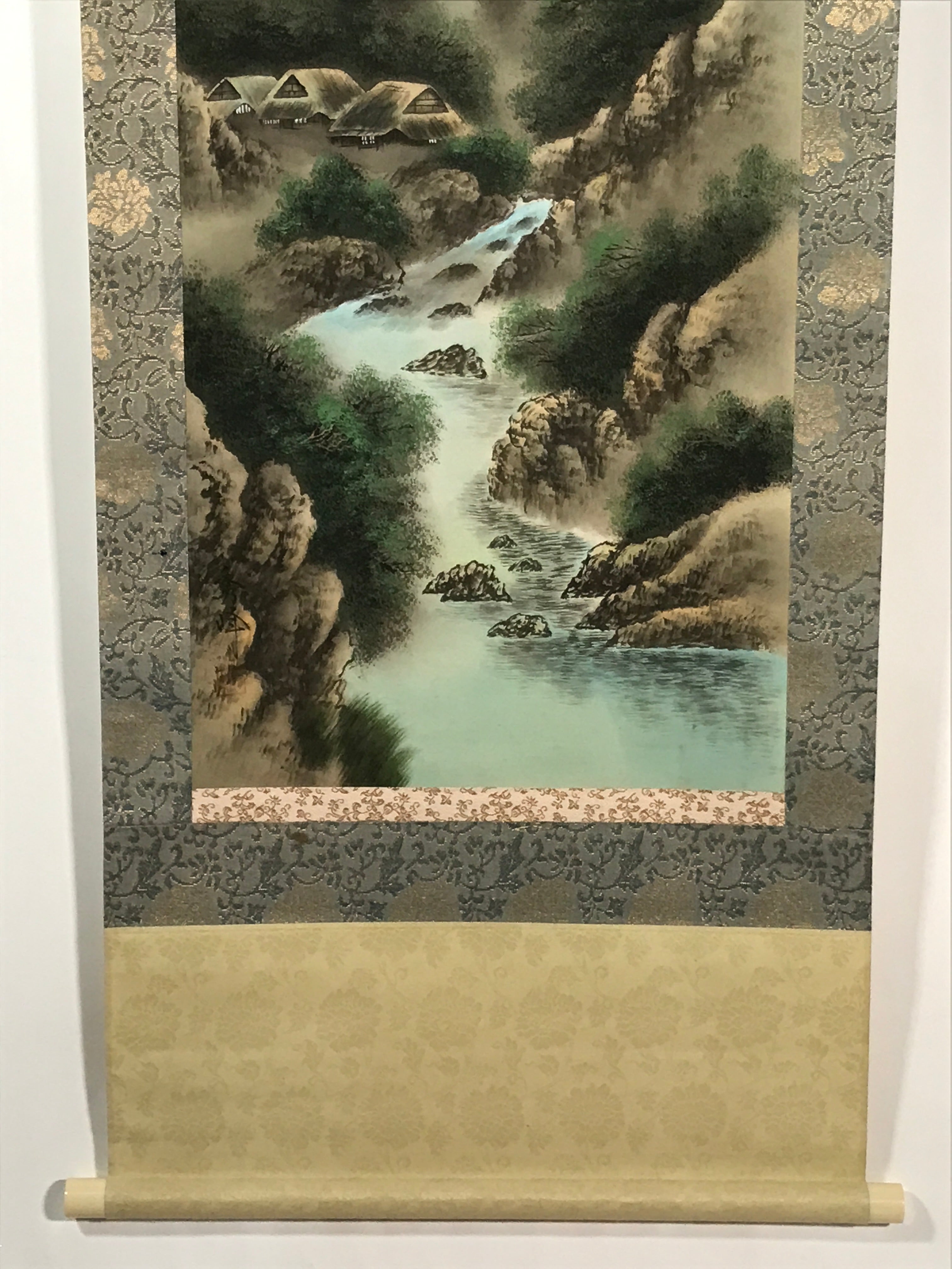 Japanese Hanging Scroll Vtg Kakejiku Fog Mountain River Landscape Ink KJ105