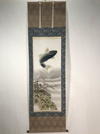 Japanese Hanging Scroll Vtg Kakejiku Jumping Carp Wave Pattern Koi Gray KJ65