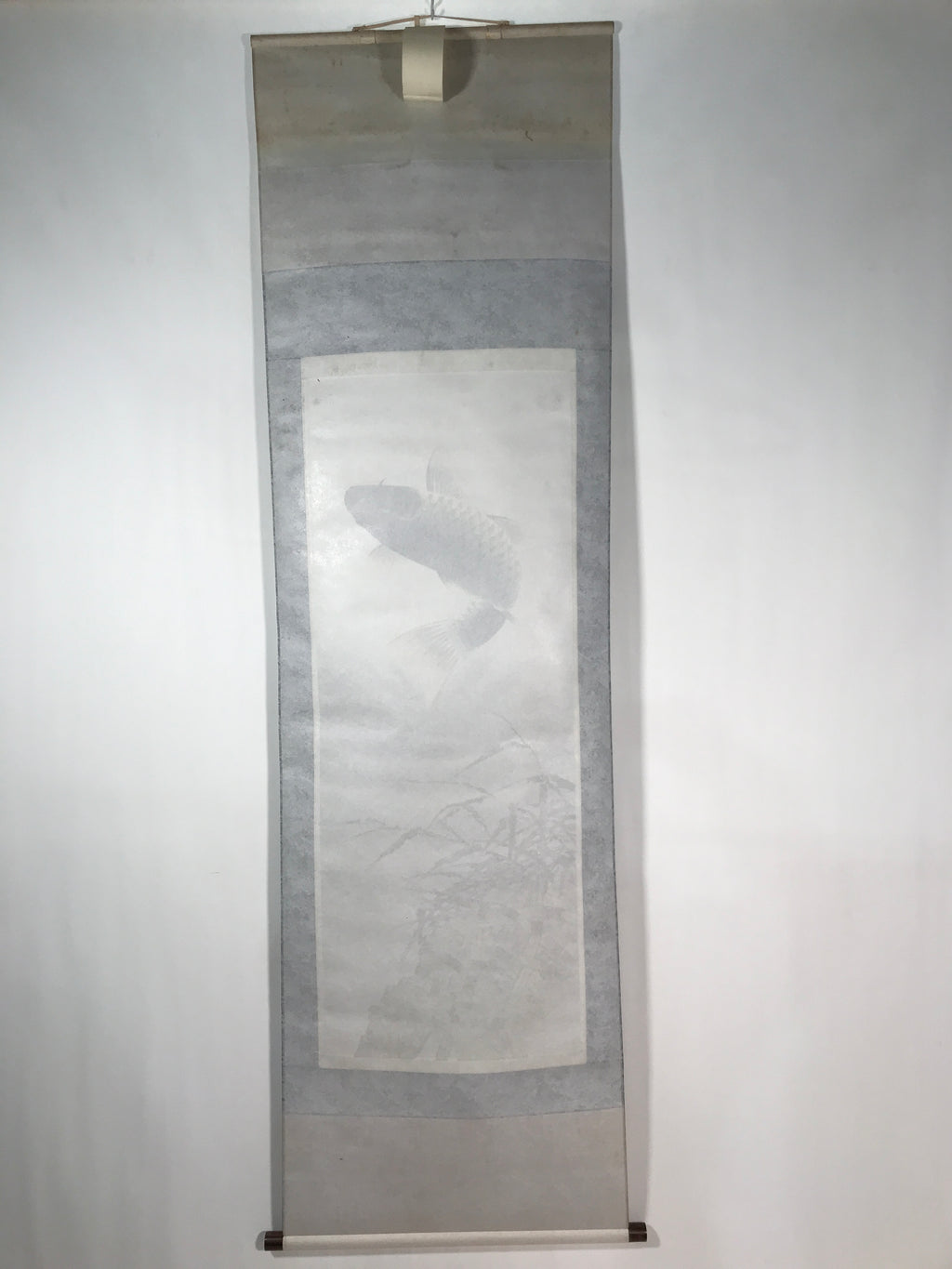 Japanese Hanging Scroll Vtg Kakejiku Jumping Carp Wave Pattern Koi Gray KJ65