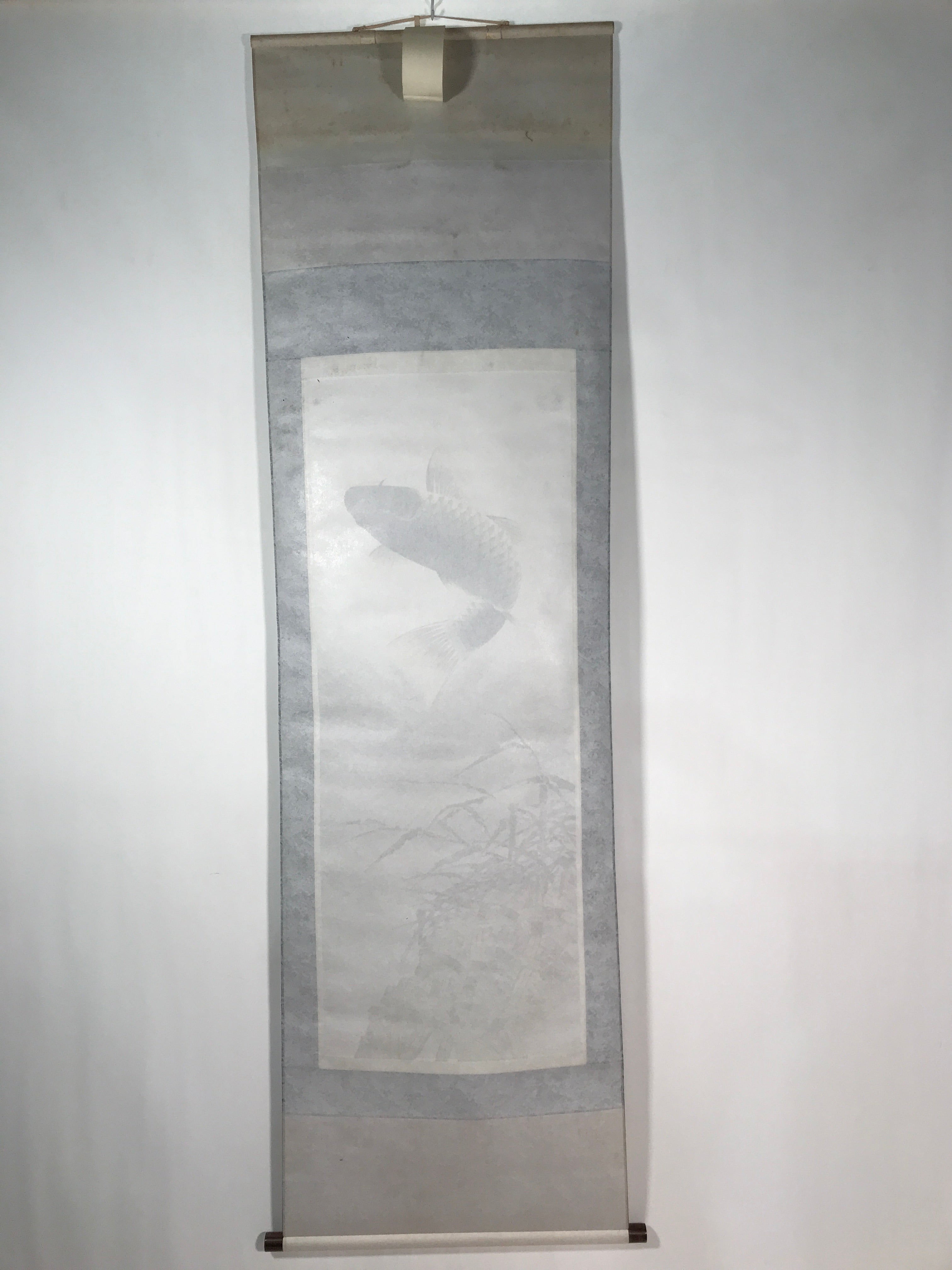 Japanese Hanging Scroll Vtg Kakejiku Jumping Carp Wave Pattern Koi Gray KJ65