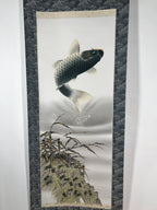Japanese Hanging Scroll Vtg Kakejiku Jumping Carp Wave Pattern Koi Gray KJ65