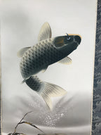 Japanese Hanging Scroll Vtg Kakejiku Jumping Carp Wave Pattern Koi Gray KJ65