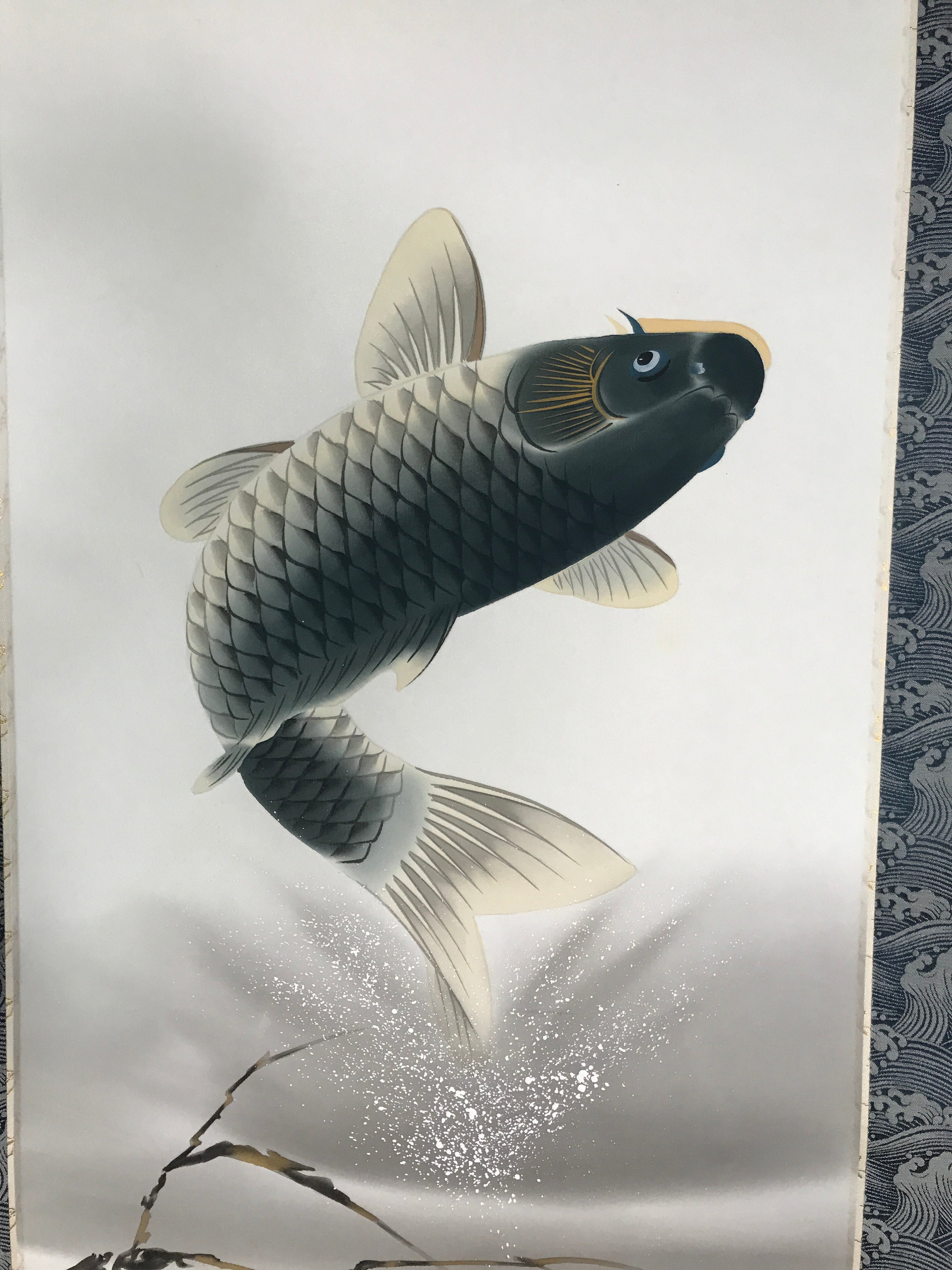 Japanese Hanging Scroll Vtg Kakejiku Jumping Carp Wave Pattern Koi Gray KJ65