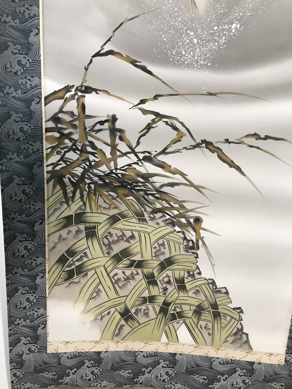 Japanese Hanging Scroll Vtg Kakejiku Jumping Carp Wave Pattern Koi Gray KJ65