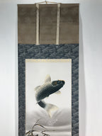 Japanese Hanging Scroll Vtg Kakejiku Jumping Carp Wave Pattern Koi Gray KJ65