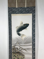 Japanese Hanging Scroll Vtg Kakejiku Jumping Carp Wave Pattern Koi Gray KJ65