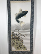 Japanese Hanging Scroll Vtg Kakejiku Jumping Carp Wave Pattern Koi Gray KJ65