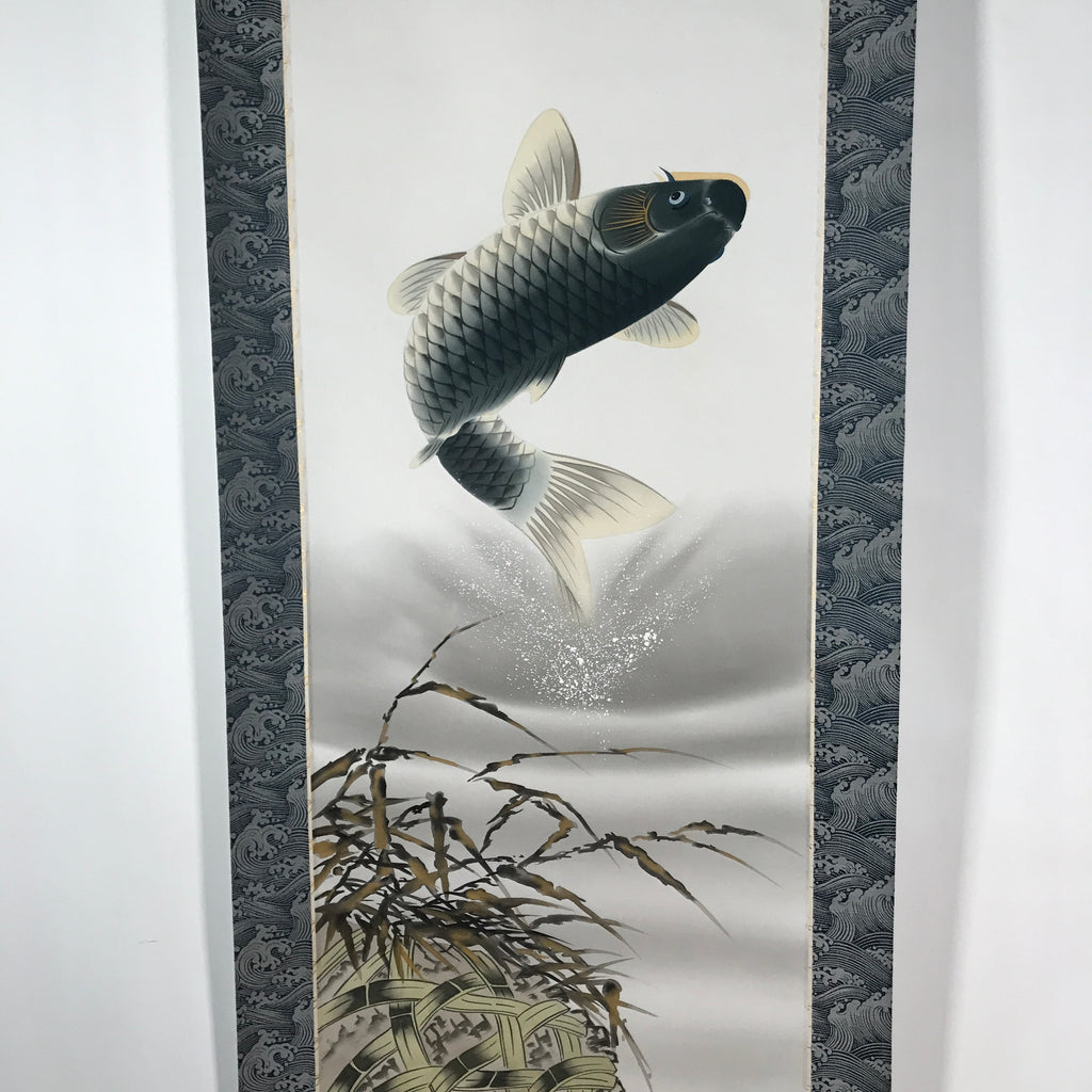 Japanese Hanging Scroll Vtg Kakejiku Jumping Carp Wave Pattern Koi Gray KJ65