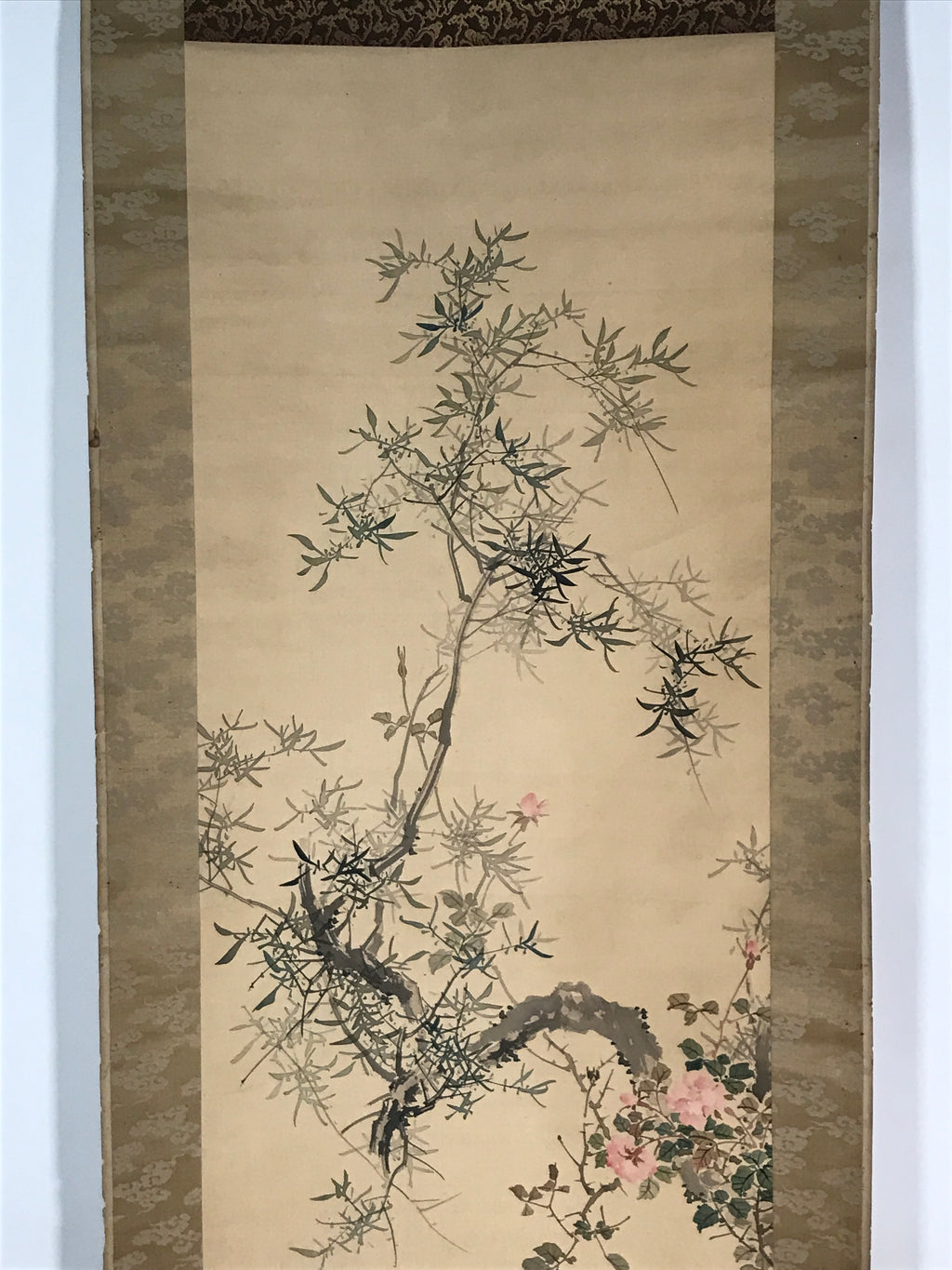 Japanese Hanging Scroll Vtg Kakejiku Kacho Bird Flowers Pink Green Yellow KJ43