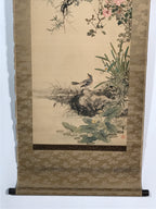 Japanese Hanging Scroll Vtg Kakejiku Kacho Bird Flowers Pink Green Yellow KJ43