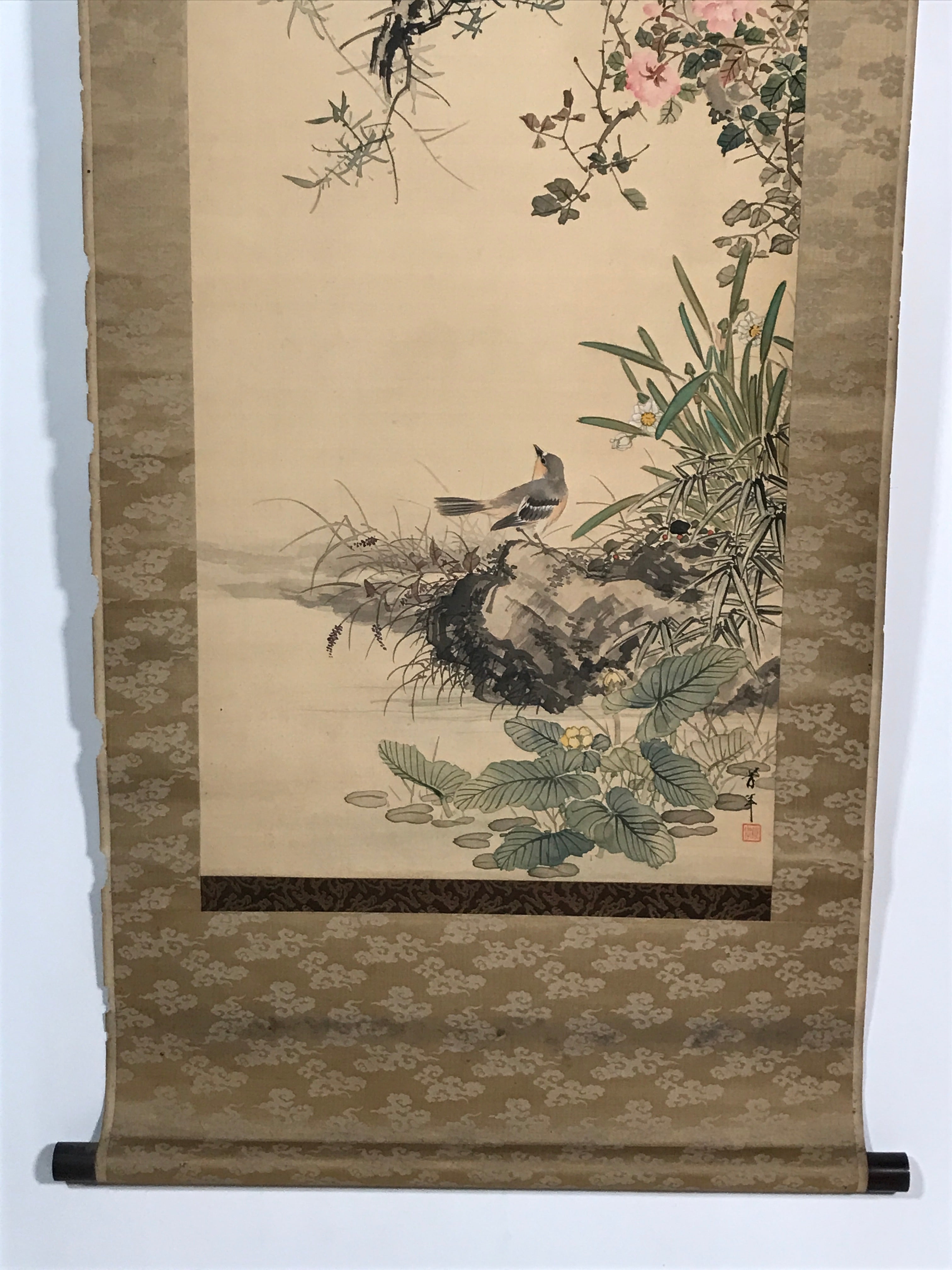 Japanese Hanging Scroll Vtg Kakejiku Kacho Bird Flowers Pink Green Yellow KJ43