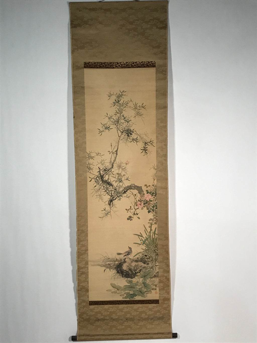 Japanese Hanging Scroll Vtg Kakejiku Kacho Bird Flowers Pink Green Yellow KJ43