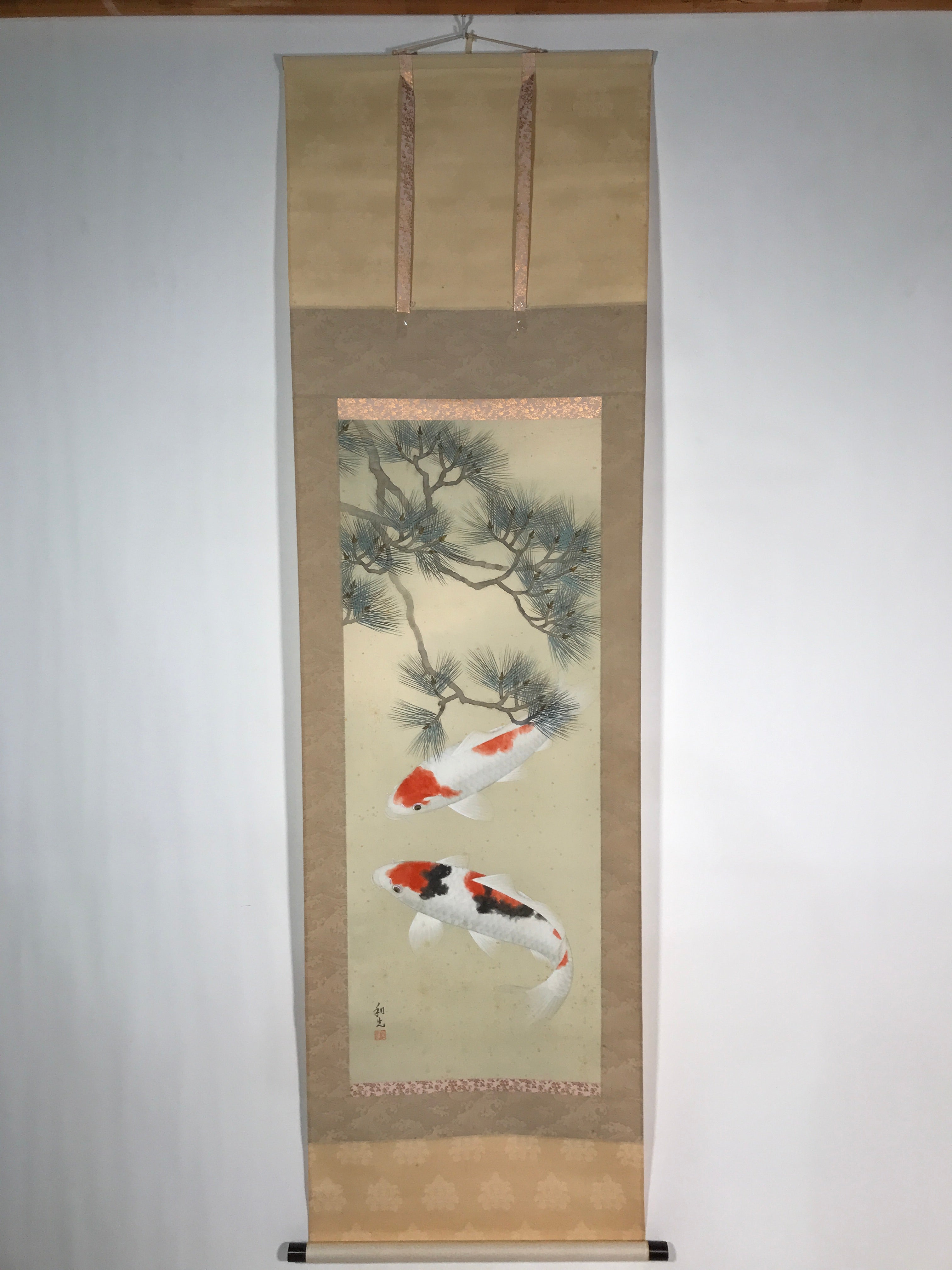 Japanese Hanging Scroll Vtg Kakejiku Koi Carps Fish Matsu Pine Red Green KJ53