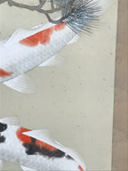 Japanese Hanging Scroll Vtg Kakejiku Koi Carps Fish Matsu Pine Red Green KJ53