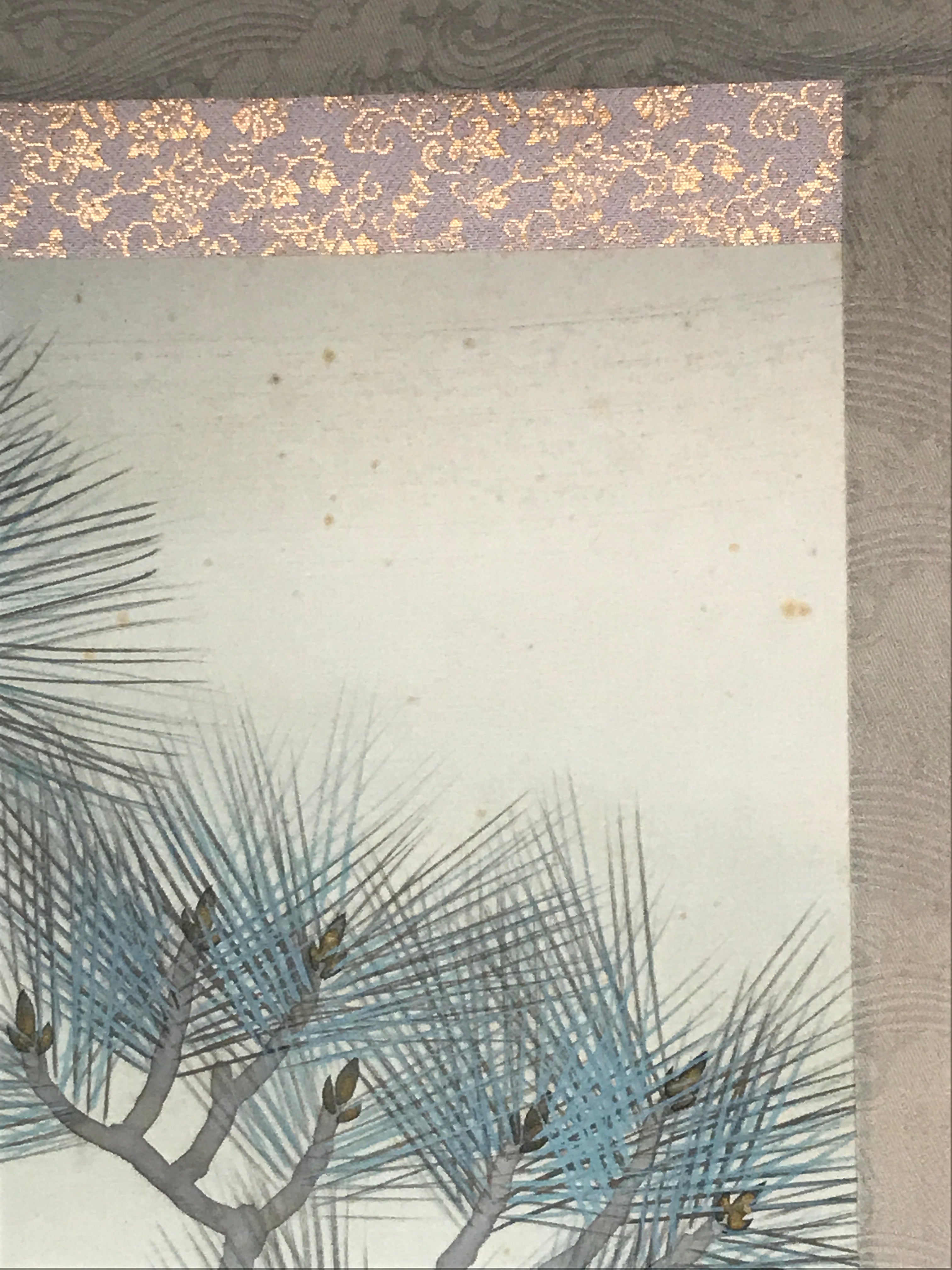 Japanese Hanging Scroll Vtg Kakejiku Koi Carps Fish Matsu Pine Red Green KJ53