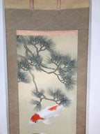 Japanese Hanging Scroll Vtg Kakejiku Koi Carps Fish Matsu Pine Red Green KJ53