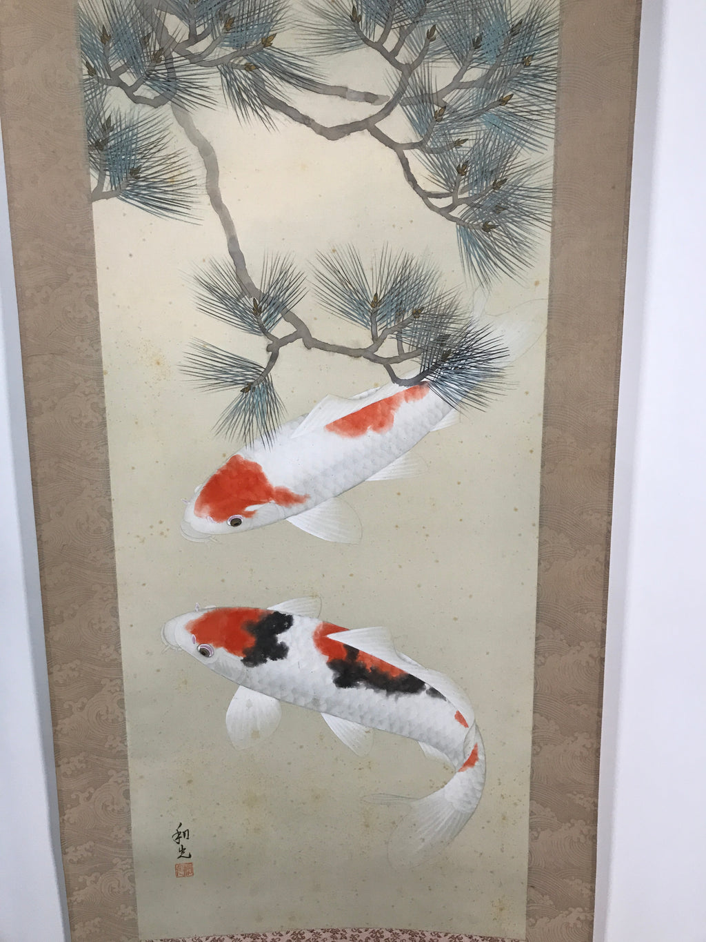 Japanese Hanging Scroll Vtg Kakejiku Koi Carps Fish Matsu Pine Red Green KJ53
