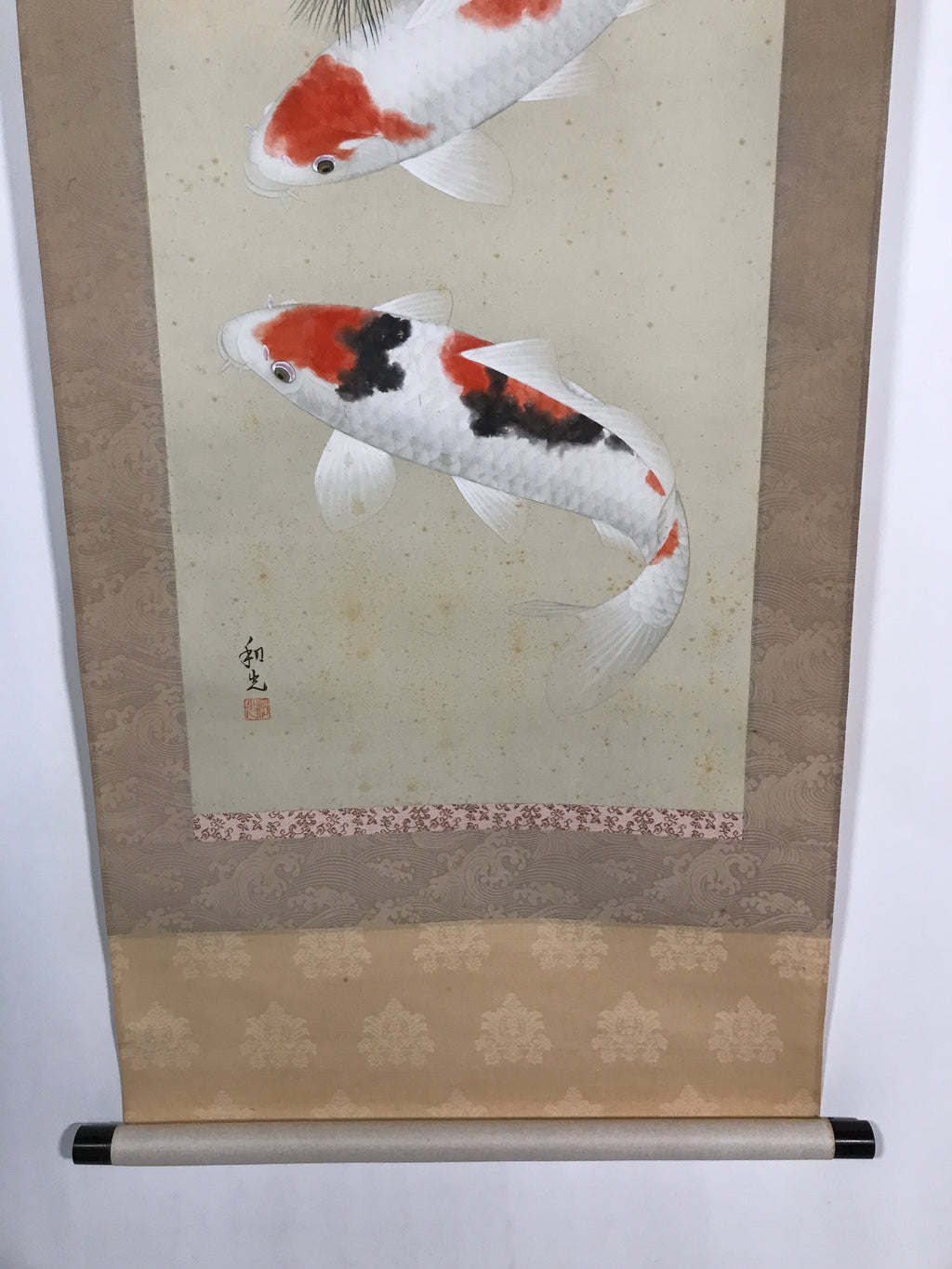 Japanese Hanging Scroll Vtg Kakejiku Koi Carps Fish Matsu Pine Red Green KJ53