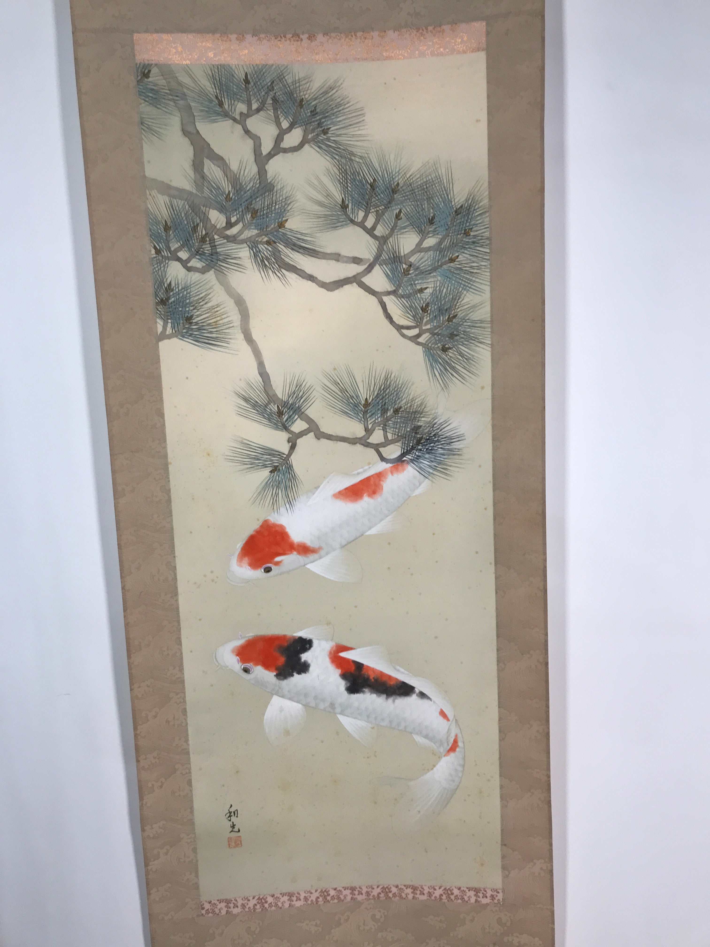 Japanese Hanging Scroll Vtg Kakejiku Koi Carps Fish Matsu Pine Red Green KJ53
