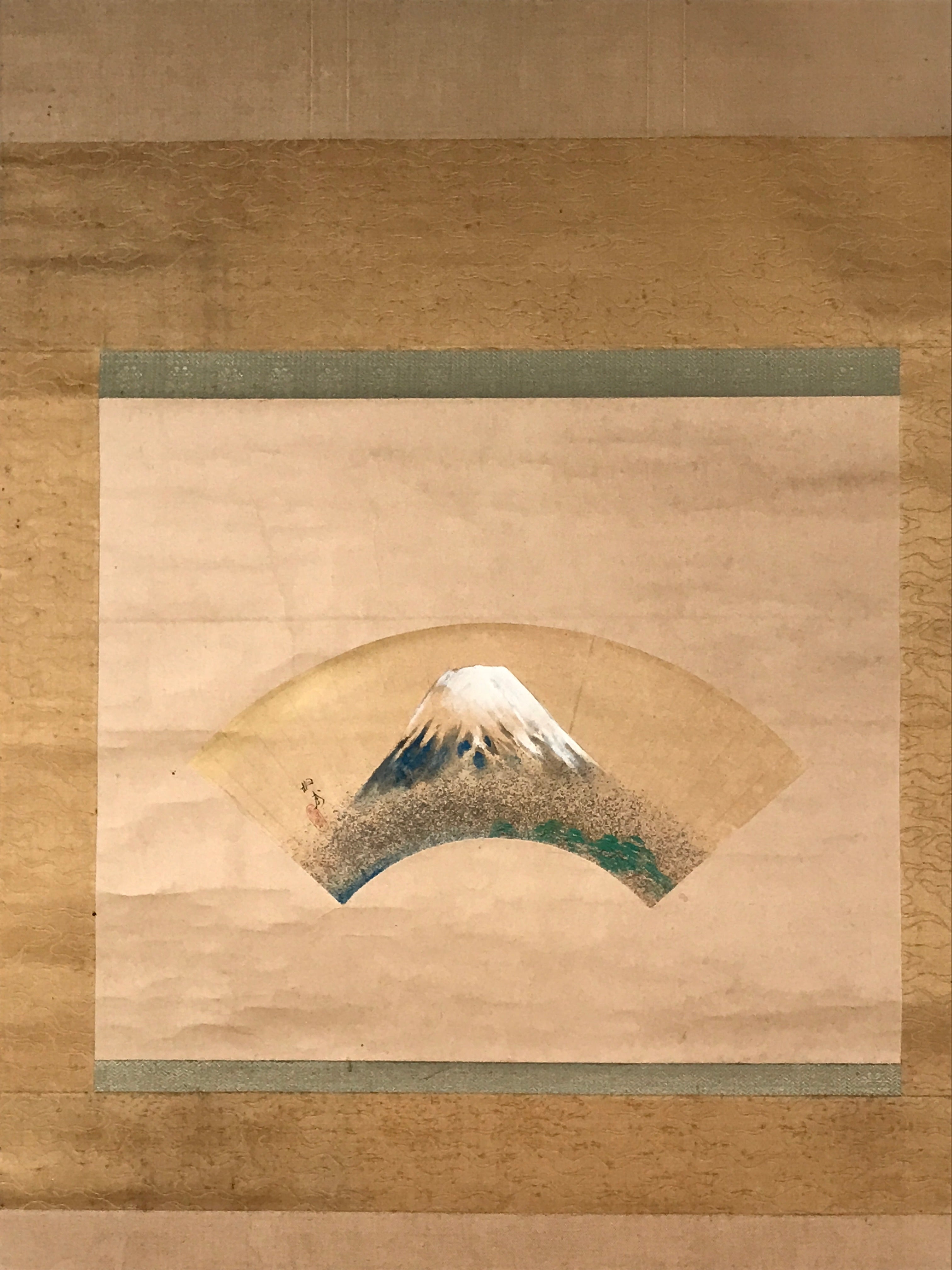 Japanese Hanging Scroll Vtg Kakejiku Mount Fuji Folding Fan Landscape Color KJ77